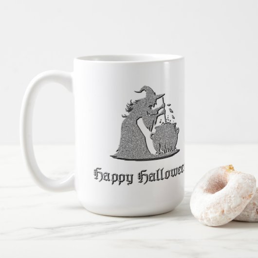 Zilveren heks en ketel Halloween Koffiemok (Met donut)