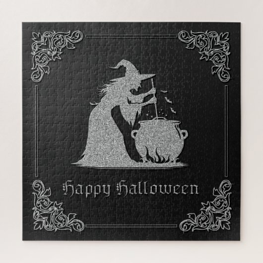 Zilveren heks en ketel Halloween Legpuzzel (Verticaal)