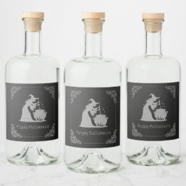 Zilveren heks en ketel Halloween Likeurfles Etiket