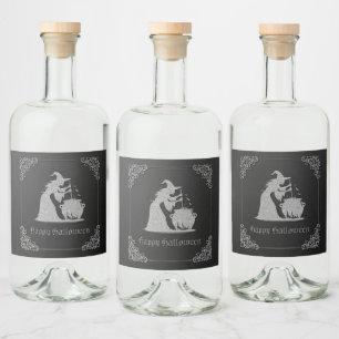 Zilveren heks en ketel Halloween Likeurfles Etiket