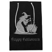 Zilveren heks en ketel Halloween Medium Cadeauzakje (Voorkant)