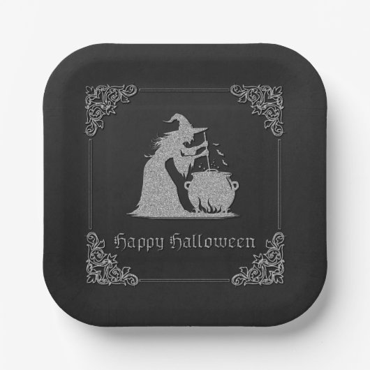 Zilveren heks en ketel Halloween Papieren Bordje (Voorkant)
