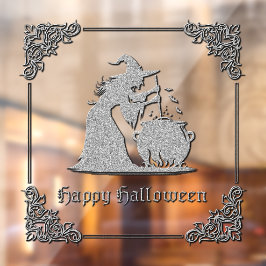 Zilveren heks en ketel Halloween Raamsticker