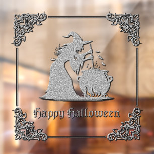 Zilveren heks en ketel Halloween Raamsticker