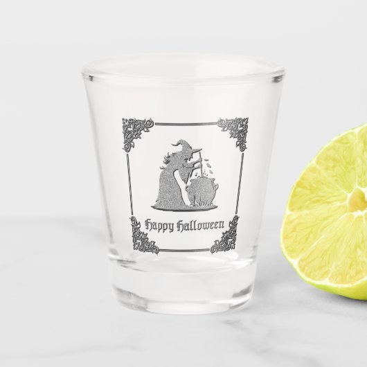 Zilveren heks en ketel Halloween Shot Glas (Voorkant)
