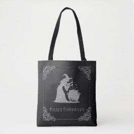Zilveren heks en ketel Halloween Tote Bag