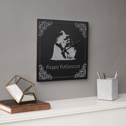 Zilveren heks en ketel Halloween Vierkante Klok (Kantoor)