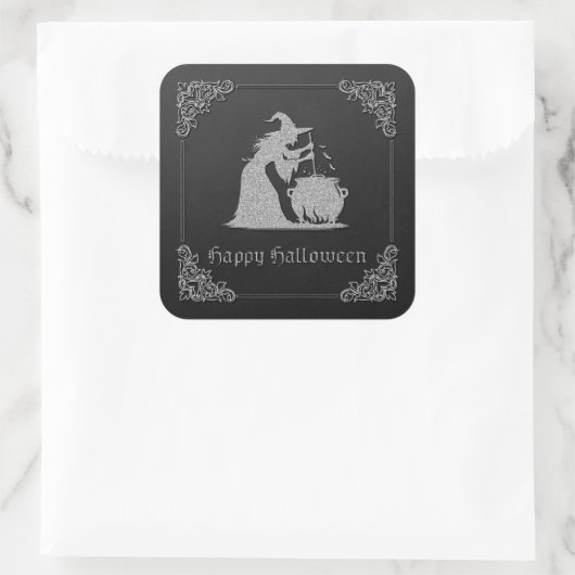 Zilveren heks en ketel Halloween Vierkante Sticker (Tas)