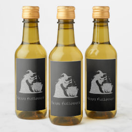 Zilveren heks en ketel Halloween Wijn Etiket