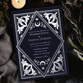 Zilveren Hemelse Art Nouveau Tarot Gotische bruilo Folie Uitnodiging