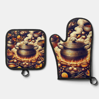 Zilveren hittebestendige Ovenwanten met Rood Hart Ovenwant & Pannenlap Set