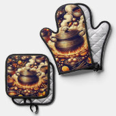 Zilveren hittebestendige Ovenwanten met Rood Hart  Ovenwant & Pannenlap Set (Voorkant / Achterkant)