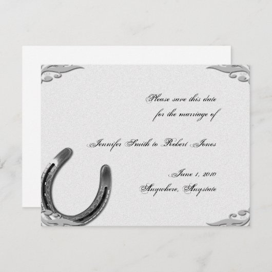 Zilveren Hoefijzer op witte bruiloft Save the Date (Voorkant / Achterkant)