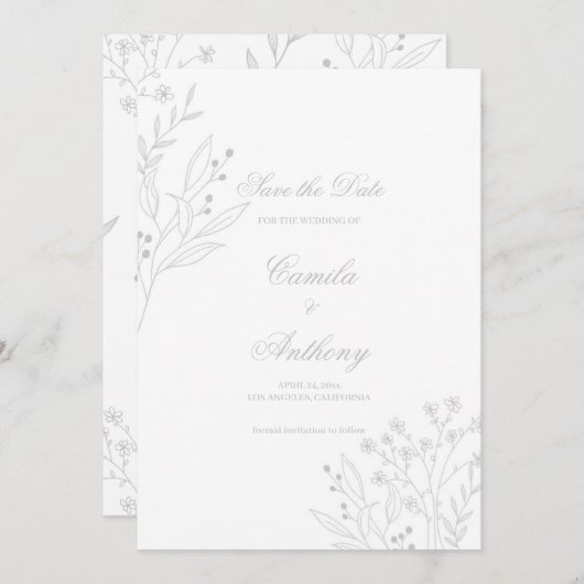 Zilveren hoek Floral Boho bruiloft Kaart (Voorkant / Achterkant)