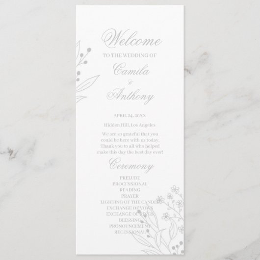 Zilveren hoek Floral Boho bruiloft Programmakaart (Voorkant)