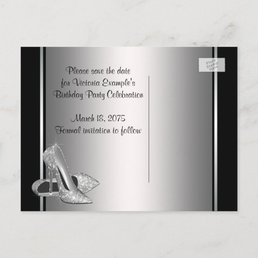 Zilveren hoge hak schoen Sla de datum op Aankondigingskaart (Achterkant)