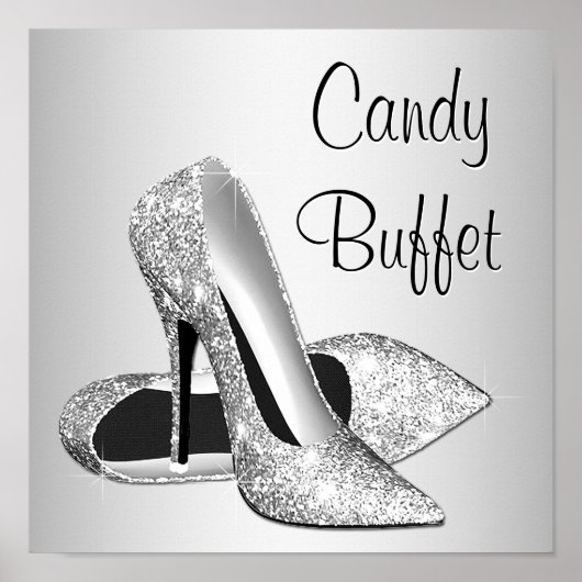 Zilveren hooggehakte schoen Candy buffet bord Poster (Voorkant)
