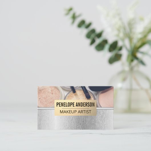 Zilveren houten korrellijnen | Make-up en borstels Visitekaartje (Staand voorkant)