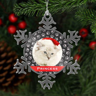 Zilveren huisdierpootafdrukken Rood aangepaste kat Tin Sneeuwvlok Ornament