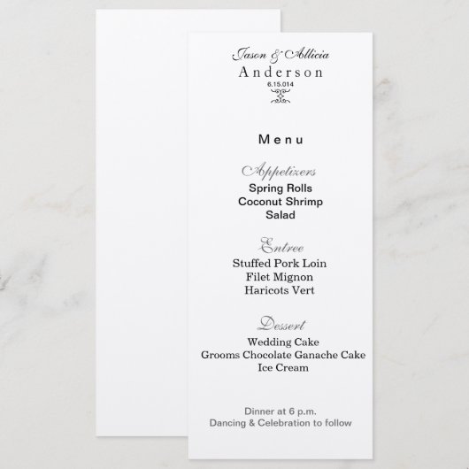 Zilveren ijs menukaart voor huwelijken & galafeest kaart (Voorkant / Achterkant)