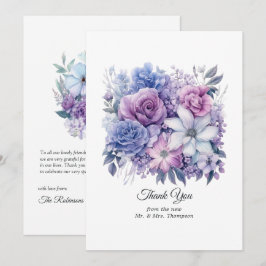 Zilveren, Ijsblauwe en Lila Bloemen Bruiloft Bedankkaart
