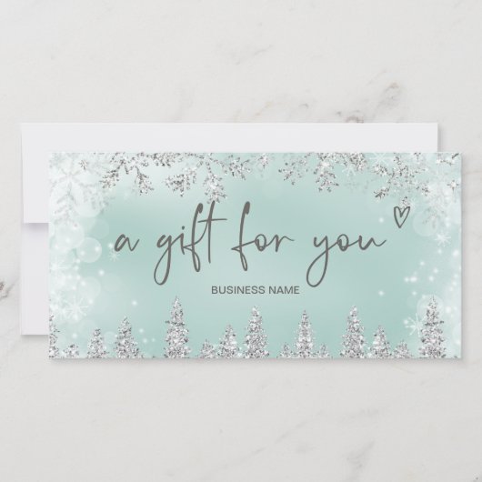 Zilveren ijsblauwe sneeuw dennen logo cadeaubon (Voorkant)