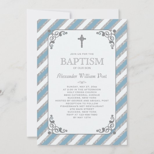 Zilveren Impressie Blauwe Religieuze Uitnodiging (Voorkant)