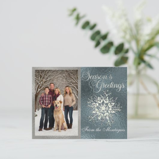 Zilveren Ingelijste Foto & Kristal Sneeuwvlok Feestdagenkaart (Staand voorkant)