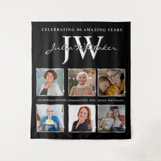 Zilveren Initialen Aangepaste Verjaardag Achtergro Wandkleed (Voorkant)