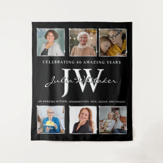 Zilveren Initialen Aangepaste Verjaardag Achtergro Wandkleed (Voorkant)