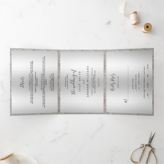 Zilveren Jeweled Bow & Sequins Huwelijk Drieluik Uitnodiging (Binnen)