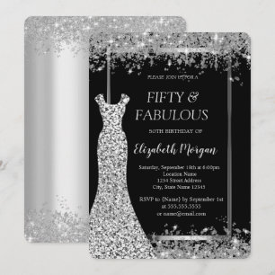 Zilveren jurk glitters confetti zwart 50ste kaart