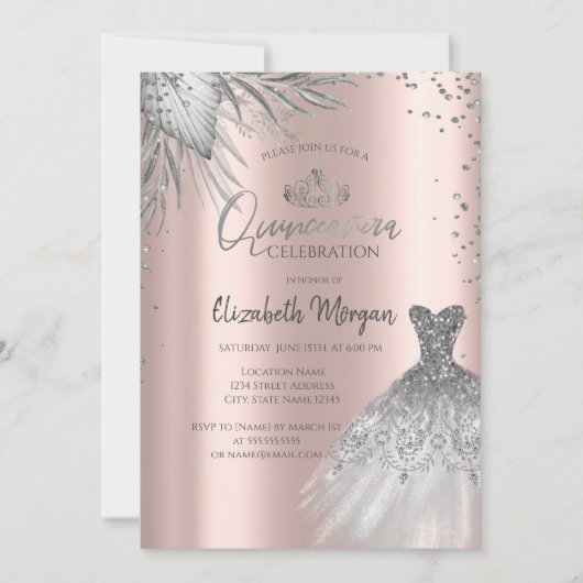 Zilveren jurk, Pampas Flowers Roos Gold Quinceañer Kaart (Voorkant)