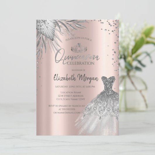 Zilveren jurk, Pampas Flowers Roos Gold Quinceañer Kaart (Staand voorkant)