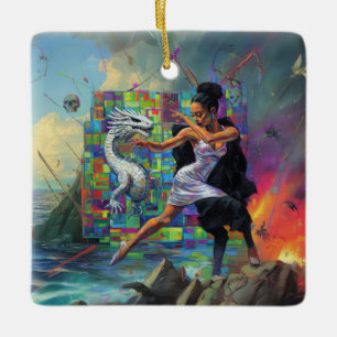 Zilveren jurk Priesteres Occult Dark Witchy AI Art Keramisch Ornament