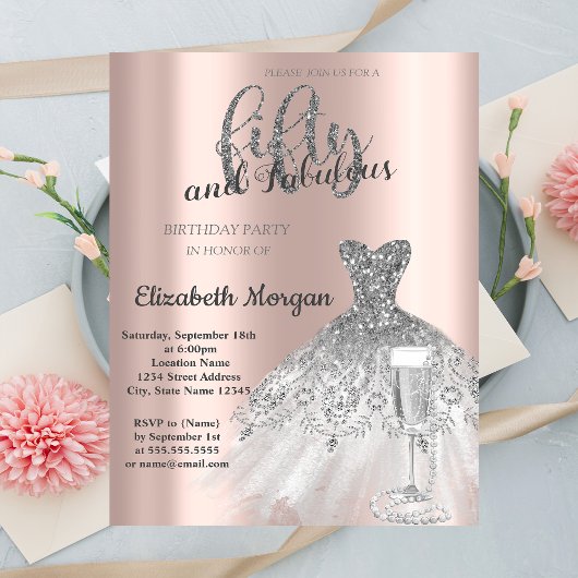 Zilveren jurk Prosecco Parels 50ste verjaardag Kaart