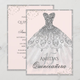 Zilveren jurk Sparkle 15e Quinceanera uitnodiging
