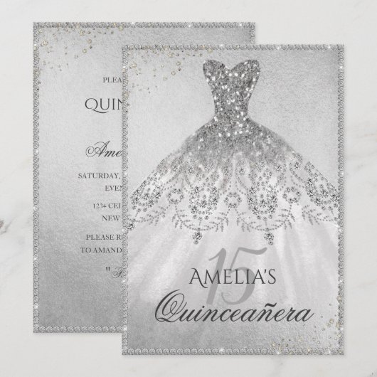 Zilveren jurk Sparkle Quinceanera uitnodiging (Voorkant / Achterkant)