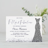 Zilveren jurk Vijftig & Fabulous 50ste verjaardag  Folie Uitnodiging (Staand Voorkant)