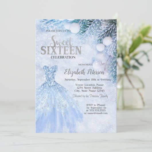 Zilveren Jurk Winter Wonderland Sweet 16 Party Kaart (Staand voorkant)