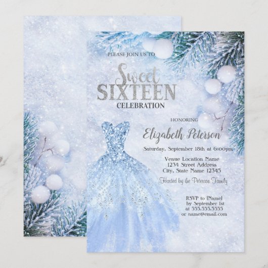 Zilveren Jurk Winter Wonderland Sweet 16 Party Kaart (Voorkant / Achterkant)