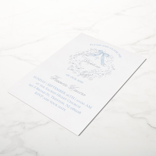 zilveren kam baby jongen Doop Folie Uitnodiging (Gedraaid)