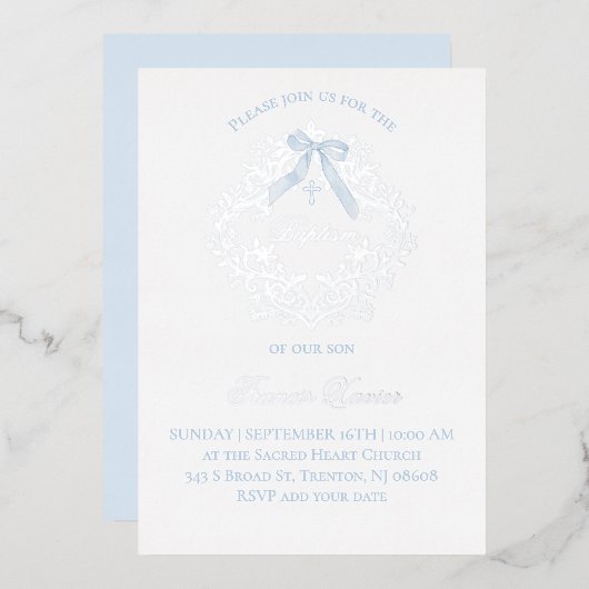 zilveren kam baby jongen Doop Folie Uitnodiging (Voorkant / Achterkant)