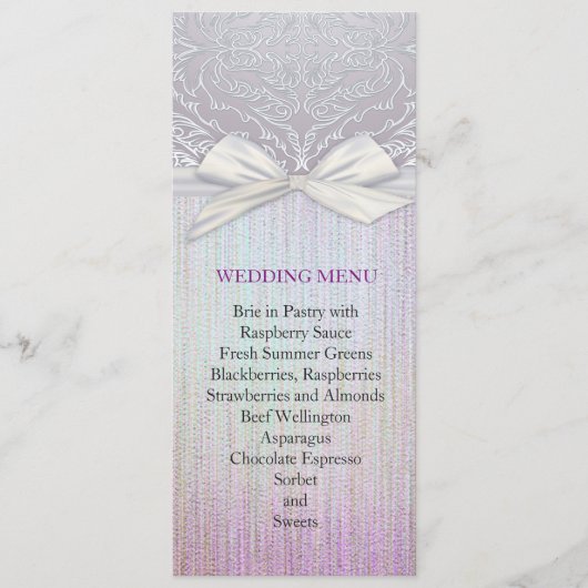Zilveren kant lint lavendel pastel bruiloft menu (Voorkant)