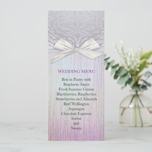 Zilveren kant lint lavendel pastel bruiloft menu (Staand voorkant)