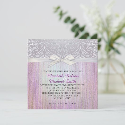 Zilveren kant lint lavendel pastel bruiloft uitnod kaart (Staand voorkant)