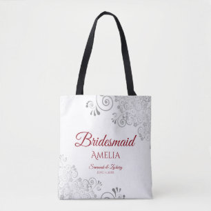 Zilveren Kant Rood & Wit Bruidsmeisje Bruiloft Tote Bag