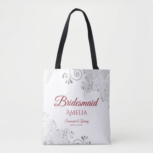 Zilveren Kant Rood & Wit Bruidsmeisje Bruiloft Tote Bag (Voorkant)