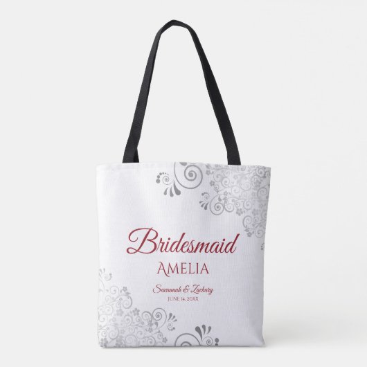 Zilveren Kant Rood & Wit Bruidsmeisje Bruiloft Tote Bag (Achterkant)