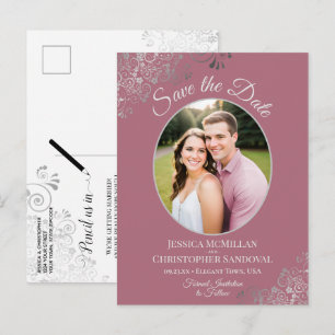 Zilveren kant stof roze trouw save the date foto aankondigingskaart